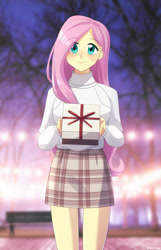 Size: 450x700 | Tagged: safe, artist:riouku, derpibooru import, fluttershy, equestria girls, 2023, bench, blushing, clothes, cute, female, holiday, present, shyabetes, skirt, solo, sweater, sweatershy, tree, valentine's day