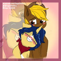 Size: 4000x4000 | Tagged: safe, artist:sugardotxtra, derpibooru import, oc, oc only, oc:acres, oc:flash reboot, earth pony, pony, unicorn, blushing, clothes, commission, cowboy hat, cute, duo, ears back, earth pony oc, eyes closed, female, grin, hat, heart, heart eyes, holiday, horn, looking at someone, male, mare, oc x oc, ocbetes, scarf, shipping, simple background, smiling, stallion, straight, unicorn oc, valentine's day, wingding eyes, zoom layer
