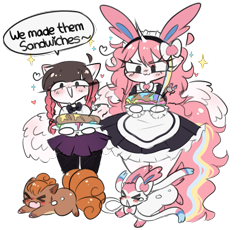 Size: 2331x2142 | Tagged: safe, artist:franshushu, derpibooru import, oc, oc:arwencuack, oc:nekonin, alicorn, pegasus, clothes, crying, evil, evil laugh, food, laughing, maid, pokémon, sandwich, simple background, sketch, sketch dump, sylveon, transparent background, vulpix