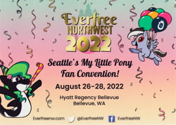 Size: 2090x1490 | Tagged: safe, derpibooru import, oc, oc only, oc:marina (efnw), oc:sharp focus, balloon, confetti, everfree northwest, everfree northwest 2022, gradient background, hat, party hat, party horn, san diego comic con