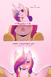 Size: 960x1440 | Tagged: safe, artist:cold-blooded-twilight, derpibooru import, princess cadance, alicorn, pony, bedroom eyes, blushing, dialogue, drool, drool string, female, holiday, kissing, mare, offscreen character, pov, princess of love, valentine's day