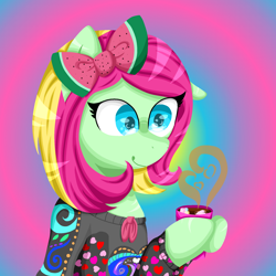 Size: 2022x2022 | Tagged: safe, artist:lindasaurie, derpibooru import, oc, oc only, oc:strawi dinosaur, earth pony, pony, bow, bust, chocolate, clothes, cup, earth pony oc, food, hair bow, high res, holiday, hot chocolate, lineless, smiling, solo, sweater, valentine's day