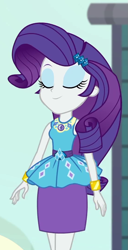 Size: 553x1080 | Tagged: safe, derpibooru import, screencap, rarity, better together, equestria girls, rollercoaster of friendship, cropped, cute, diamonds, eyes closed, female, geode of shielding, gold, hairclip, jewelry, magical geodes, outdoors, raribetes, rarity peplum dress, smiling, waistband, wrist cuffs