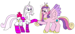 Size: 3196x1481 | Tagged: safe, artist:supahdonarudo, derpibooru import, fleur-de-lis, princess cadance, alicorn, unicorn, blushing, bow, clothes, emanata, holding hooves, holiday, open mouth, open smile, saddle, shocked, simple background, smiling, socks, spread wings, striped socks, tack, transparent background, valentine's day, wings