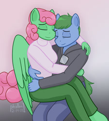 Size: 1440x1600 | Tagged: safe, artist:phallen1, derpibooru import, oc, oc only, oc:software patch, oc:windcatcher, anthro, earth pony, pegasus, clothes, cuddling, earth pony oc, glasses, hoodie, hug, pegasus oc, sitting on lap, sweater, turtleneck, windpatch