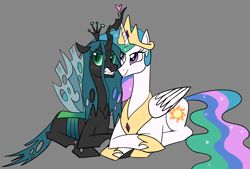 Size: 3100x2100 | Tagged: safe, artist:nonameorous, derpibooru import, princess celestia, queen chrysalis, alicorn, changeling, angry, chryslestia, crossed hooves, duo, female, gray background, heart, lesbian, looking away, princess chrysalis, shipping, simple background, sitting, smiling, teeth