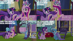 Size: 2000x1125 | Tagged: safe, derpibooru import, edit, edited screencap, editor:quoterific, screencap, princess cadance, princess flurry heart, starlight glimmer, trixie, twilight sparkle, twilight sparkle (alicorn), alicorn, road to friendship, chest, trixie's wagon, wagon