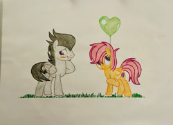 Size: 2256x1633 | Tagged: safe, artist:blackwo96777748, derpibooru import, rumble, scootaloo, pegasus, pony, balloon, base used, blush sticker, blushing, duo, female, grass, heart, heart balloon, male, romance, rumbloo, shipping, simple background, straight, traditional art