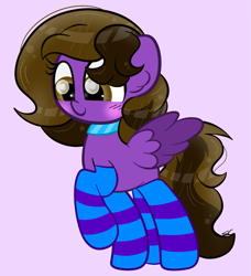 Size: 945x1035 | Tagged: safe, artist:sugarcloud12, derpibooru import, oc, oc only, oc:hannah, pegasus, pony, clothes, female, mare, purple background, simple background, socks, solo, striped socks