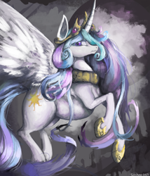 Size: 2855x3342 | Tagged: safe, artist:colochenni, derpibooru import, princess celestia, alicorn, pony, city, jewelry, moon, regalia, solo