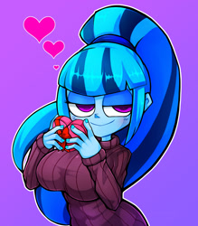 Size: 1350x1543 | Tagged: safe, artist:kyouman1010, derpibooru import, sonata dusk, human, equestria girls, bedroom eyes, big breasts, breasts, chocolate, clothes, food, heart, holiday, huge breasts, lidded eyes, simple background, smiling, sonata bust, sweater, sweater puppies, valentine's day