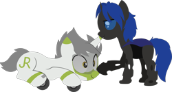 Size: 7404x3981 | Tagged: safe, artist:ponyrailartist, derpibooru import, oc, oc:greenline, oc:swift dawn, changeling, object pony, original species, pony, unicorn, blue changeling, blue eyes, boop, changeling oc, commission, duo, fangs, golden eyes, happy, high res, horn, lying down, male, ponified, prone, silly, simple background, smiling, train, train pony, transparent background, wingless
