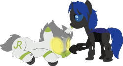 Size: 7404x3981 | Tagged: safe, artist:ponyrailartist, derpibooru import, oc, oc:greenline, oc:swift dawn, changeling, object pony, original species, pony, unicorn, blue changeling, blue eyes, boop, changeling oc, commission, duo, fangs, glowing, glowing eyes, golden eyes, happy, high res, horn, lying down, male, ponified, prone, silly, simple background, smiling, train, train pony, transparent background, wingless