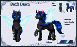 Size: 4152x2529 | Tagged: safe, artist:pridark, derpibooru import, oc, oc only, oc:swift dawn, changeling, blue changeling, blue eyes, changeling oc, color palette, commission, fangs, high res, horn, male, multiple views, raised hoof, raised leg, reference sheet, simple background, smiling, solo, standing, violet background, wings