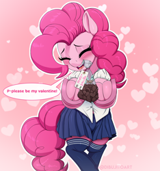 Size: 3282x3500 | Tagged: safe, artist:dibujito, derpibooru import, pinkie pie, earth pony, pony, blushing, bowtie, bronybait, chocolate, clothes, female, food, holiday, looking at you, mare, school uniform, shirt, skirt, socks, talking to viewer, thigh highs, valentine's day, zettai ryouiki