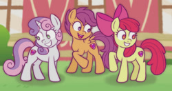 Size: 1041x549 | Tagged: safe, alternate version, artist:memethyst-art, derpibooru import, apple bloom, scootaloo, sweetie belle, earth pony, pegasus, pony, unicorn, cutie mark crusaders, februpony, female, filly, foal