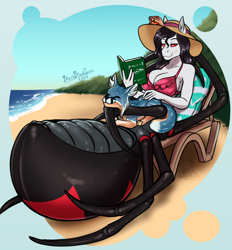 Size: 3758x4044 | Tagged: safe, artist:blackblood-queen, oc, oc only, oc:charlotte silk, anthro, drider, fox, monster pony, original species, spiderpony, anthro oc, beach, beach hat, big breasts, bikini, bikini top, book, breasts, clothes, commission, digital art, female, hat, mare, reading, relaxing, sand, swimsuit, water