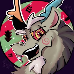 Size: 2048x2048 | Tagged: safe, artist:tasiashoe, derpibooru import, discord, draconequus, abstract background, antlers, bust, christmas, christmas tree, holiday, horn, male, outline, snaggletooth, solo, swirls, swirly eyes, tree, white outline