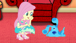 Size: 3264x1835 | Tagged: safe, artist:slimbran, derpibooru import, edit, edited screencap, screencap, fluttershy, dog, human, equestria girls, blue (character), blue's clues, crossover, fluttershy boho dress, geode of fauna, hand on cheek, looking at each other, looking at someone, magical geodes, nick jr., nickelodeon, thinking chair