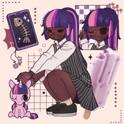 Size: 1000x1000 | Tagged: safe, artist:bugrott_, derpibooru import, twilight sparkle, human, pony, unicorn, chibi, crouching, cute, dark skin, glasses, humanized, ponytail, twiabetes