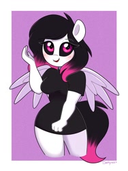 Size: 1500x2000 | Tagged: safe, artist:darkynez, derpibooru import, oc, oc only, anthro, black sclera, clothes, looking at you, shirt, smiling, solo, spread wings, wings