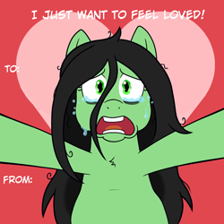 Size: 1500x1500 | Tagged: safe, artist:scraggleman, derpibooru import, oc, oc:anon-mare, earth pony, pony, bags under eyes, chest fluff, crying, hearts and hooves day, holiday, looking at you, sad, solo, valentine's day, valentine's day card