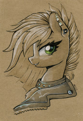 Size: 824x1200 | Tagged: safe, artist:maytee, derpibooru import, limestone pie, earth pony, pony, bust, choker, clothes, ear piercing, partial color, piercing, portrait, profile, smiling, solo, traditional art