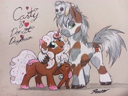 Size: 4080x3060 | Tagged: safe, artist:carty, artist:reekosukanku, derpibooru import, oc, oc:carty, oc:donut daydream, earth pony, pony, unicorn, baby, beautiful, bust, colored, colored pencil drawing, colt, cute, detailed, donut, family, female, filly, foal, food, gift art, kids, love, lovely, male, mare, portrait, simple background, size difference, sprinkles, stallion, traditional art