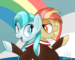 Size: 2500x2000 | Tagged: safe, artist:notadeliciouspotato, derpibooru import, lighthoof, shimmy shake, earth pony, pony, 2 4 6 greaaat, cheerleader, cheerleader outfit, clothes, duo, female, looking at each other, looking at someone, mare, open mouth, open smile, raised hoof, raised leg, signature, smiling