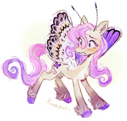 Size: 698x665 | Tagged: safe, artist:lutraviolet, derpibooru import, fluttershy, flutter pony, pony, blushing, butterfly wings, female, mare, race swap, redesign, simple background, solo, white background, winged hooves, wings