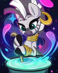 Size: 1638x2048 | Tagged: safe, artist:spindlespice, derpibooru import, zecora, zebra, bracelet, cauldron, cute, ear piercing, earring, female, jewelry, mare, neck rings, piercing, potion, potion making, smiling, solo, zecorable
