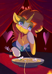 Size: 2039x2894 | Tagged: safe, artist:gobiraptor, derpibooru import, sunburst, pony, unicorn, blushing, clothes, cute, date, food, glasses, heart, hearts and hooves day, holiday, looking at you, love, necktie, pasta, spaghetti, suit, valentine's day