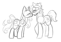 Size: 1000x700 | Tagged: safe, artist:sinclair2013, derpibooru import, oc, oc only, earth pony, pony, unicorn, female, imminent kissing, male, mare, monochrome, nudity, sheath, shipping, simple background, sketch, stallion, straight, white background