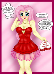 Size: 1280x1761 | Tagged: safe, artist:lennondash, derpibooru import, fluttershy, human, equestria girls, blushing, box of chocolates, breasts, cleavage, clothes, dialogue, dress, female, holiday, hootershy, red dress, solo, speech bubble, talking to viewer, valentine's day