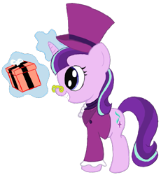 Size: 601x654 | Tagged: safe, artist:scootaloormayfly, derpibooru import, snowfall frost, starlight glimmer, pony, unicorn, clothes, glasses, glowing, glowing horn, happy, hat, horn, magic, magic aura, present, simple background, smiling, solo, telekinesis, top hat, transparent background