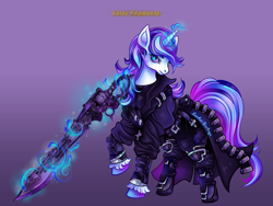 Size: 4000x3000 | Tagged: safe, artist:lianhuastardrops, derpibooru import, part of a set, shining armor, pony, unicorn, clothes, commission, cosplay, costume, crossover, fantasy class, final fantasy, final fantasy xiv, gradient background, gunblade, gunbreaker, magic, male, solo, solo focus, stallion, telekinesis, weapon