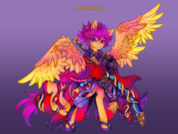 Size: 4032x3024 | Tagged: safe, artist:lianhuastardrops, derpibooru import, part of a set, scootaloo, pegasus, bipedal, bipedal leaning, clothes, commission, cosplay, costume, crossover, fantasy class, female, final fantasy, final fantasy xiv, gradient background, katana, leaning, mare, older, older scootaloo, samurai, sandals, solo, sword, weapon