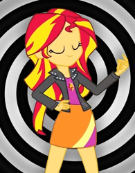 Size: 436x558 | Tagged: safe, derpibooru import, sunset shimmer, human, equestria girls, clothes, cute, eyebrows, eyes closed, female, finger snap, hand on hip, hypnosis, hypnotist, jacket, leather, leather jacket, shimmerbetes, smiling, snap, solo, spiral, sunset