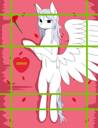 Size: 2000x2600 | Tagged: safe, derpibooru import, oc, oc:κασσάνδρα, alicorn, pony, alicorn oc, blushing, box of chocolates, flower, horn, looking at you, overhead view, rose, wings