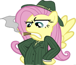 Size: 830x712 | Tagged: artist needed, safe, derpibooru import, fluttershy, pegasus, pony, 20th century, angry, bipedal, blazer, cigar, clothes, fedora, gangster, hat, necktie, pinstripe, pinstripe blazer, shirt, simple background, smoking, solo, spread wings, suit, transparent background, uh oh, wings