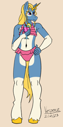 Size: 1386x2801 | Tagged: safe, artist:vesperce, derpibooru import, oc, oc:elan, anthro, unicorn, bikini, clothes, crossdressing, cuntboy, femboy, intersex, male, swimsuit