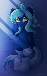 Size: 2000x3243 | Tagged: safe, artist:madelinne, derpibooru import, oc, oc only, pegasus, pony, bed, clothes, socks, solo, striped socks