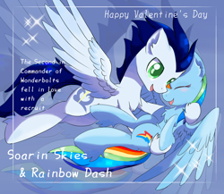 Size: 2884x2499 | Tagged: safe, artist:celedash, derpibooru import, rainbow dash, soarin', pegasus, blushing, bridal carry, carrying, colt, female, foal, holiday, male, mare, shipping, soarindash, spread wings, straight, valentine's day, wings