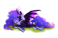 Size: 3380x2237 | Tagged: safe, artist:djkaskan, derpibooru import, nightmare moon, alicorn, pony, bat wings, fangs, female, flower, flower in hair, high res, lying down, mare, on side, simple background, solo, spread wings, white background, wings