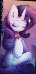 Size: 1055x2160 | Tagged: safe, artist:miryelis, derpibooru import, rarity, pony, unicorn, element of generosity, flying, full body, gem, gradient background, horn, long hair, makeup, smiling, solo, text