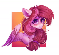 Size: 1973x1867 | Tagged: safe, artist:rozmed, derpibooru import, oc, pegasus, pony, big eyes, blushing, bust, colored background, commission, crotchboobs, crying, ears, female, floppy ears, gritted teeth, hair tie, long mane, nudity, pegasus oc, pegasus wings, solo, teats, teeth, wide eyes, wings