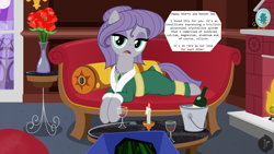 Size: 1920x1080 | Tagged: safe, artist:facelessjr, derpibooru import, boulder (pet), maud pie, earth pony, pony, alcohol, alternate hairstyle, balcony, body pillow, bottle, bucket, candle, clothes, coffee table, dialogue, ear piercing, earring, female, fire, fireplace, flower, gem, gemstones, glass, ice, jewelry, mare, moon, necklace, night, night sky, ocean, offscreen character, pet rock, piercing, plate, pov, robe, rose, sky, sofa, vase, water, wine, wine bottle, wine glass