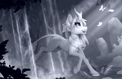 Size: 2500x1620 | Tagged: safe, artist:yakovlev-vad, derpibooru import, oc, oc only, butterfly, kirin, grayscale, kirin oc, monochrome, open mouth, open smile, patreon, patreon reward, scenery, smiling, solo, water, waterfall