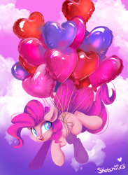 Size: 909x1244 | Tagged: safe, artist:sketchiix3, derpibooru import, pinkie pie, earth pony, pony, balloon, cloud, colored pupils, cute, diapinkes, female, floating, happy, heart, heart balloon, mare, open mouth, open smile, smiling, solo, then watch her balloons lift her up to the sky