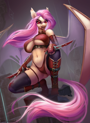 Size: 3873x5305 | Tagged: safe, artist:dacsy, derpibooru import, fluttershy, anthro, bat pony, bat ponified, bat wings, big breasts, blood, boots, breasts, clothes, flutterbat, knife, looking at you, panties, race swap, shoes, skimpy outfit, underboob, underwear, wings